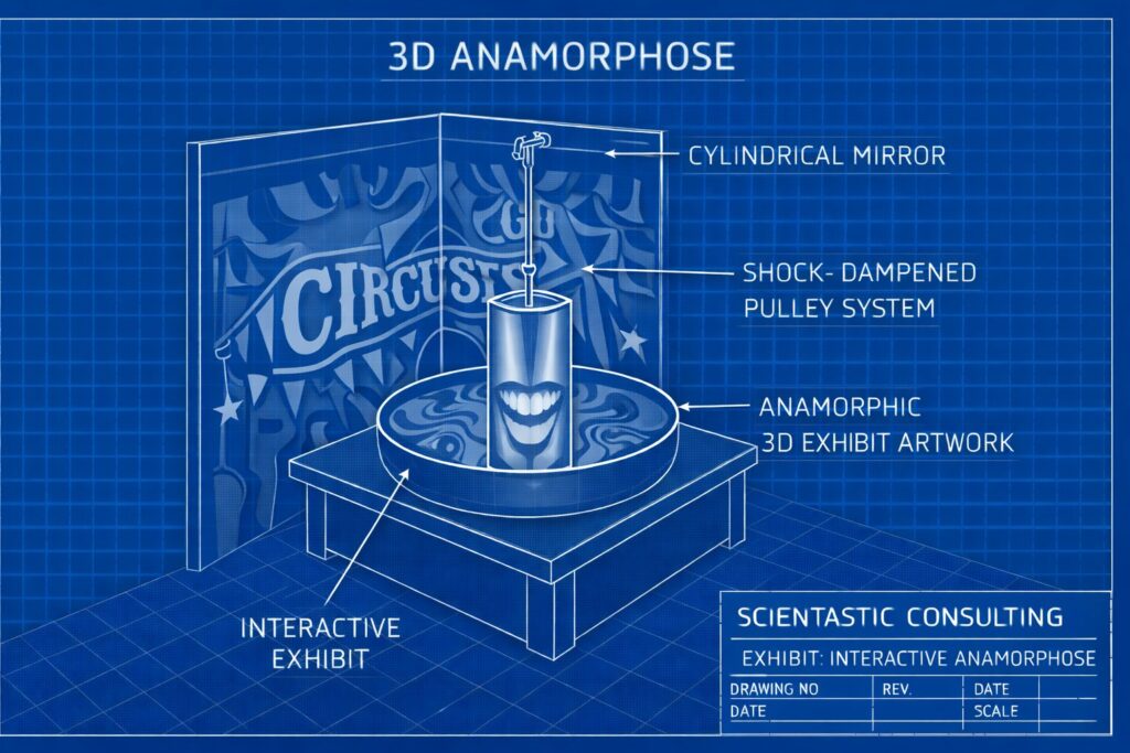 Anamorphosis exhibit: a distorted image restored by a cylindrical mirror