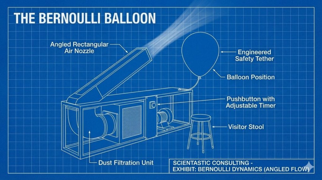Bernoulli balloon exhibit: a balloon held in an angled air jet