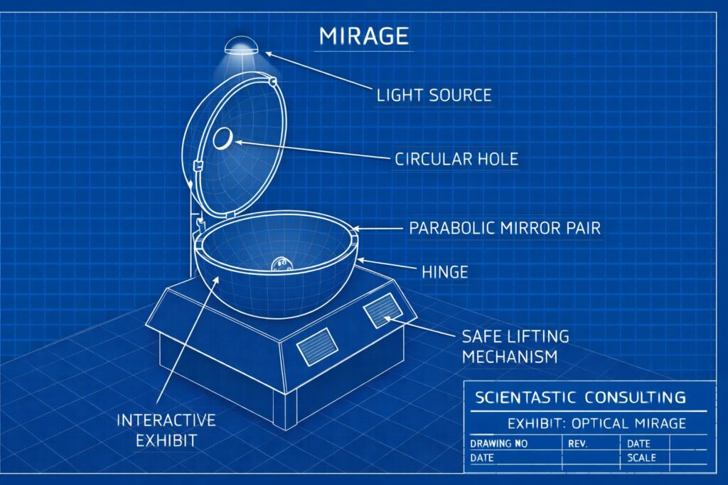 Mirage exhibit: parabolic mirrors create a floating 3D image