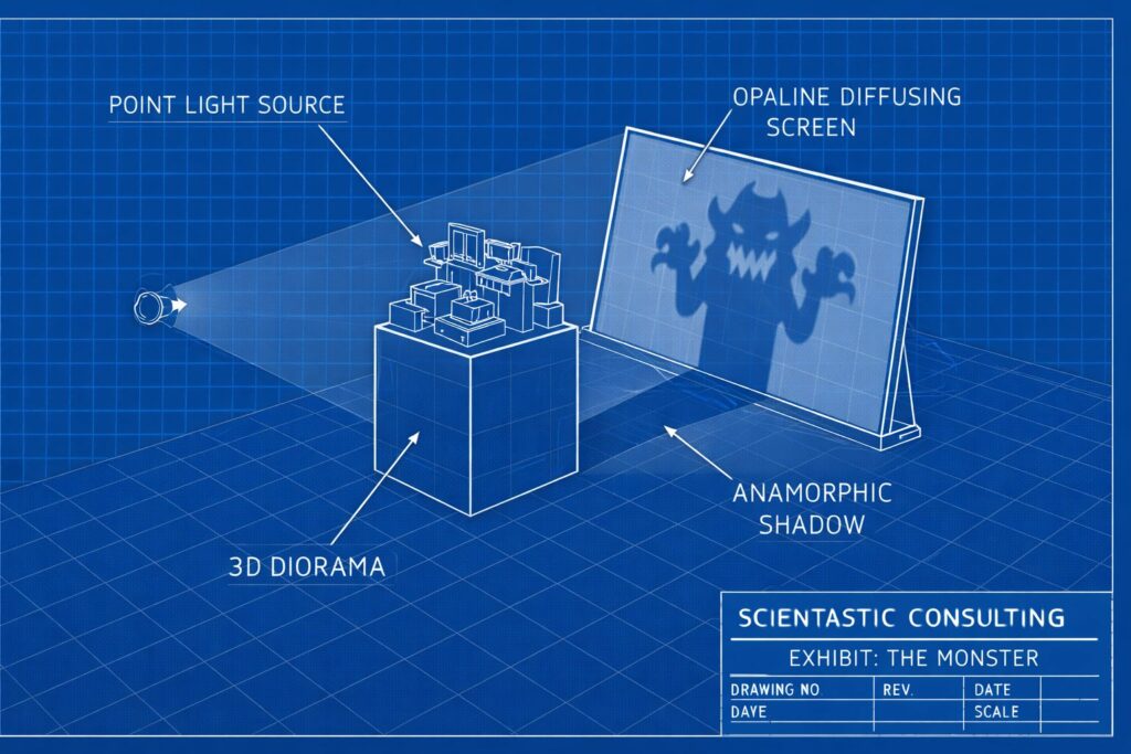 Anamorphic shadow exhibit: a 3D diorama casts a monster shadow