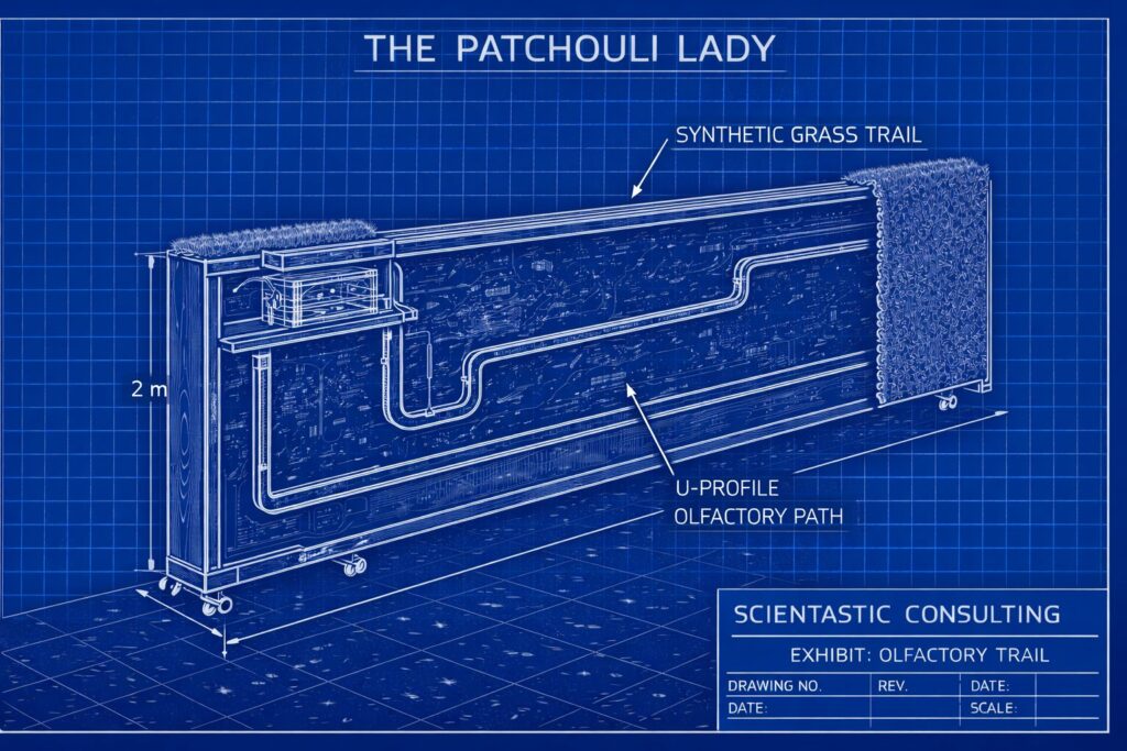 Olfactory trail exhibit: a scent path along a wall